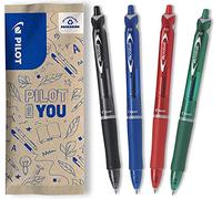 PILOT - Lot de 4 stylos Acroball - Stylo-bille à encre douce pour une fluidité d’écriture inégalée - Stylo rechargeable et rétractable en plastique recyclé - Noir, bleu, rouge, vert - Pointe moyenne