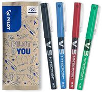 PILOT- Lot de 4 V5 - Stylos roller à encre liquide à pointe fine ( 0,5 mm) pour une écriture fluide et précise - Séchage rapide, ne fuit pas - Noir, Bleu, Rouge, Vert