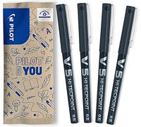 PILOT - Lot de 4 V5 - Stylos Roller à Encre Liquide à Pointe Fine pour une Écriture Fluide et Précise - Séchage rapide, ne fuit pas - Noir - Pointe Fine (0,5mm)