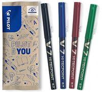 PILOT - Lot de 4 V7 - Stylos Roller à Encre Liquide à Pointe Fine pour une Écriture Fluide et Précise - Séchage rapide, ne fuit pas - Noir, Bleu, Rouge, Vert - Pointe Moyenne (0,7mm)