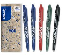 PILOT - Lot de 5 Frixion Ball - Stylo effaçable à encre thermosensible - Stylo roller rechargeable fabriqué à partir de plastique recyclé - 2 Bleus, 1 Noir, 1 Rouge, 1 Vert - Pointe moyenne