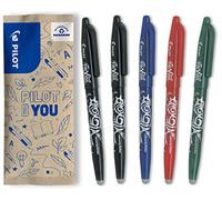 PILOT - Lot de 5 Frixion Ball - Stylo effaçable à encre thermosensible - Stylo roller rechargeable fabriqué à partir de plastique recyclé - 2 Noirs, 1 Bleu, 1 Rouge, 1 Vert - Pointe moyenne