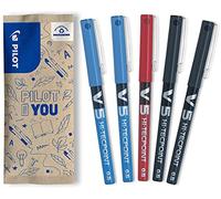 PILOT Roller encre liquide Hi-Tecpoint V5 lot de 5 couleurs assorties 0,5 mm pointe fine 2 noirs, 2 bleus, 1 rouge Noir, Bleu, Rouge G