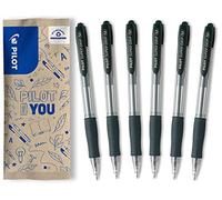 PILOT - Lot de 6 Stylo-bille Super Grip, Stylo Rechargeable et Rétractable Bille, Noir, Pointe Moyenne
