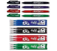 Pilot Pen Frixion Lot de 4 stylos roller effaçables Couleurs assorties + Recharge Noir/bleu/rouge/vert