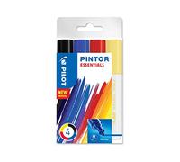 PILOT - Pochette de 4 Pintor - Marqueurs Peinture Multi-Supports à Base d’Eau, Séchage Rapide - Textile, Verre, Bois, Pierre, DIY - Pack essentiel Noir, Bleu, Rouge, Jaune - Pointe Moyenne