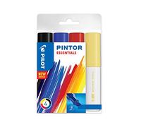 PILOT - Pochette de 4 Pintor - Marqueurs Peinture Multi-Supports à Base d’Eau, Séchage Rapide - Textile, Verre, Bois, Pierre, DIY - Pack essentiel Noir, Bleu, Rouge, Jaune - Pointe Large