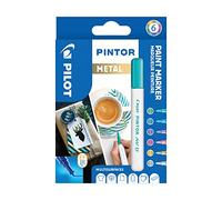 PILOT - Pochette de 6 Pintor - Marqueurs Peinture Multi-Supports à Base d’Eau, Séchage Rapide - Textile, Verre, Bois, Pierre, DIY - Couleurs Assorties Métal - Pointe Extra Fine