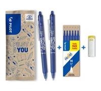 PILOT Roller effaçable FriXion Ball Clicker 0,7 mm bleu lot 2 + étui 6 recharges + gomme pointe moyenne encre gel thermosensible Bleu G