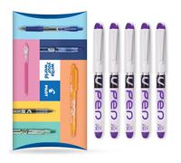 Pilot V PEN - Lot de 5 stylos plume jetables effaçables - Pointe de 0,6 mm - Ligne moyenne - Portefeuille - Encre violette