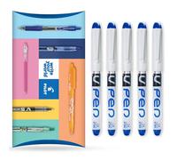 Pilot V PEN - Lot de 5 stylos plume jetables effaçables - Pointe de 0,6 mm - Ligne moyenne - Portefeuille - Encre bleue