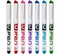 PILOT V Pen Lot de 7 stylos plume jetables effaçables Pointe moyenne 0,6 mm Noir Rouge Rose Violet Bleu Paon et Vert