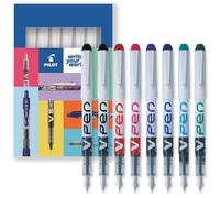 Pilot V Pen Lot de 8 stylos plume jetables effaçables Pointe de 0,6 mm Ligne moyenne Noir/rouge/rose/violet/bleu/paon et vert Coffret cadeau en carton