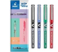 PILOT V5 Hi-Tecpoint Lot de 4 stylos roller à pointe fine de 0,5 mm dans une enveloppe emballage cadeau Encre noire, bleue, verte et rouge