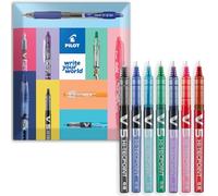 Pilot V5 Hi-Tecpoint Lot de 7 stylos à bille avec stylet de 0,5 mm dans une boîte cadeau avec enveloppe Noir/bleu, bleu, vert, violet, rose et rouge