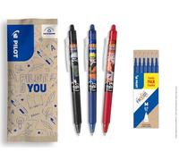 Pilot x NARUTO - 3 stylos FriXion Ball Clicker, Noir, Bleu, Rouge + 1 Set de 6 recharges bleues - Stylos effaçables - Edition limitée Naruto Shipudden - Stylos rollers rétractables - Pointe moyenne