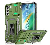 Pilsru Coque pour Samsung A21 FE Deux Films Anti-Explosion+Anneau Support,Full Protection de la Caméra en PC Dur Anti-Chut Renforcée Armor Heavy Duty Antichoc Bumper Housse Etui，Vert Olive