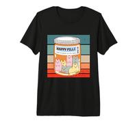 Pilules heureuses Dessin animé Chats Pilule Bouteille T-Shirt Haut de Gamme