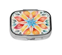Pilulier 2 compartiments aquarelle Mandala Fleur Floral Boîte à comprimés avec miroir Petit pilulier pour sac à main ou poche Organiseur de vitamines