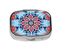 Pilulier 2 compartiments bleu et rouge Mandala Floral avec miroir Petit pilulier pour sac à main ou poche Organiseur de vitamines