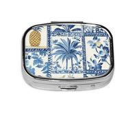 Pilulier 2 compartiments bleu tropical ananas oiseau tablette avec miroir petit pilulier organisateur pour sac à main ou poche organisateur de vitamines