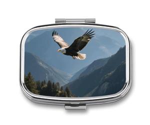 Pilulier 2 compartiments Eagles Fly in The Valley - Pilulier de voyage avec miroir - Étanche - 2 fois par jour - Portable - Pour sac à main et poche - Rectangulaire - Argenté