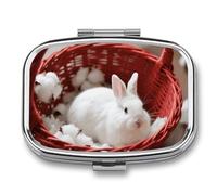 Pilulier 2 compartiments en forme de lapin dans un panier de voyage avec miroir, étanche, 2 fois par jour, conteneur portable pour sac à main et poche rectangulaire, argenté