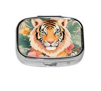 Pilulier 2 compartiments Fleur Bush Tiger Boîte à comprimés avec miroir Petit pilulier pour sac à main ou poche Organiseur de vitamines