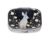 Pilulier 2 compartiments Fleur Gris Lapin Boîte à comprimés avec miroir Petit pilulier pour sac à main ou poche Organiseur de vitamines