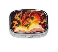 Pilulier 2 compartiments Magic Book Fire Dragon Boîte à comprimés avec miroir Petit pilulier pour sac à main ou poche Organiseur de vitamines