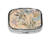 Pilulier 2 compartiments Oiseau Papillon Fleur Rétro Tablette avec Miroir Petit Pilulier Organisateur pour Sac à Main ou Poche Organisateur de Vitamine