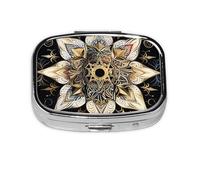 Pilulier 2 compartiments Pétale d'or Magic Print Tablet Box avec miroir Petit pilulier pour sac à main ou poche Organiseur de vitamines