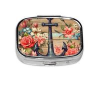 Pilulier 2 compartiments rétro en bois avec motif ancre nautique fleur avec miroir, petit pilulier pour sac à main ou poche organisateur de vitamines