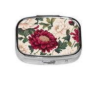 Pilulier 2 compartiments rouge blanc classique fleur pivoine avec miroir petit pilulier organisateur pour sac à main ou poche organisateur de vitamines