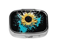 Pilulier 2 compartiments tournesol art floral moderne avec miroir Petit pilulier pour sac à main ou poche Organiseur de vitamines