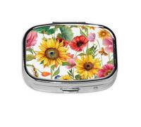 Pilulier 2 compartiments tournesol fleur oiseau tablette avec miroir petit pilulier organisateur pour sac à main ou poche organisateur de vitamines