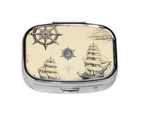 Pilulier 2 compartiments vintage nautique océan voilier boussole tablette avec miroir petit pilulier organisateur pour sac à main ou poche organisateur de vitamines