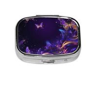 Pilulier 2 compartiments Violet Papillon Fantasy Animal Tablet Box avec miroir Petit pilulier pour sac à main ou poche Organiseur de vitamines