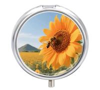 Pilulier 3 compartiments abeille sur un tournesol avec miroir étanche 3 fois par jour Portable Med Container pour sac à main et poche Rond Argent