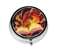 Pilulier 3 compartiments avec miroir Magic Book Fire Dragon - Petit pilulier pour sac à main et poche - Organiseur de vitamines