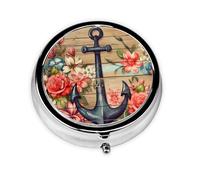 Pilulier 3 compartiments avec miroir rétro en bois, ancre nautique, fleur, petit pilulier pour sac à main et poche organisateur de vitamines