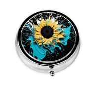 Pilulier 3 compartiments avec miroir tournesol art floral moderne petit pilulier pour sac à main et poche organisateur de vitamines