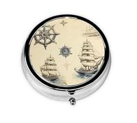 Pilulier 3 compartiments avec miroir vintage nautique océan voilier boussole petit pilulier organisateur pour sac à main et poche organisateur de vitamines