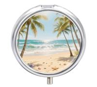 Pilulier 3 compartiments en forme de cocotier dans un ciel bleu - Étui de voyage avec miroir étanche - 3 fois par jour - Portable - Pour sac à main et poche - Rond - Argenté