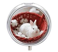 Pilulier 3 compartiments en forme de lapin dans un panier de voyage avec miroir étanche 3 fois par jour, récipient portable pour sac à main et poche, rond argenté