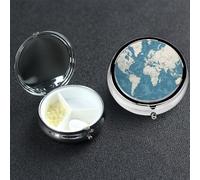Pilulier 3 compartiments en métal avec carte bleue du monde pour sac à main ou poche, mini pilulier de voyage portable pour contenir des suppléments, des vitamines, de l'huile de poisson
