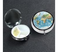 Pilulier 3 compartiments en métal avec carte du monde - Pilulier pour sac à main ou poche - Mini pilulier portable de voyage pour contenir des suppléments, des vitamines, de l'huile de poisson