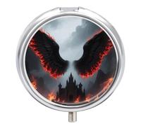 Pilulier 3 compartiments gothique ailes d'ange avec miroir étanche 3 fois par jour Portable Med Container pour sac à main et poche Rond Argent