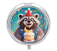 Pilulier 3 compartiments mignon raton laveur de voyage avec miroir, étanche, 3 fois par jour, conteneur portable pour sac à main et poche, rond argenté