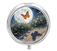 Pilulier 3 compartiments orange papillon lune fleur étui à pilules de voyage avec miroir étanche 3 fois par jour conteneur moyen portable pour sac à main et poche rond argenté